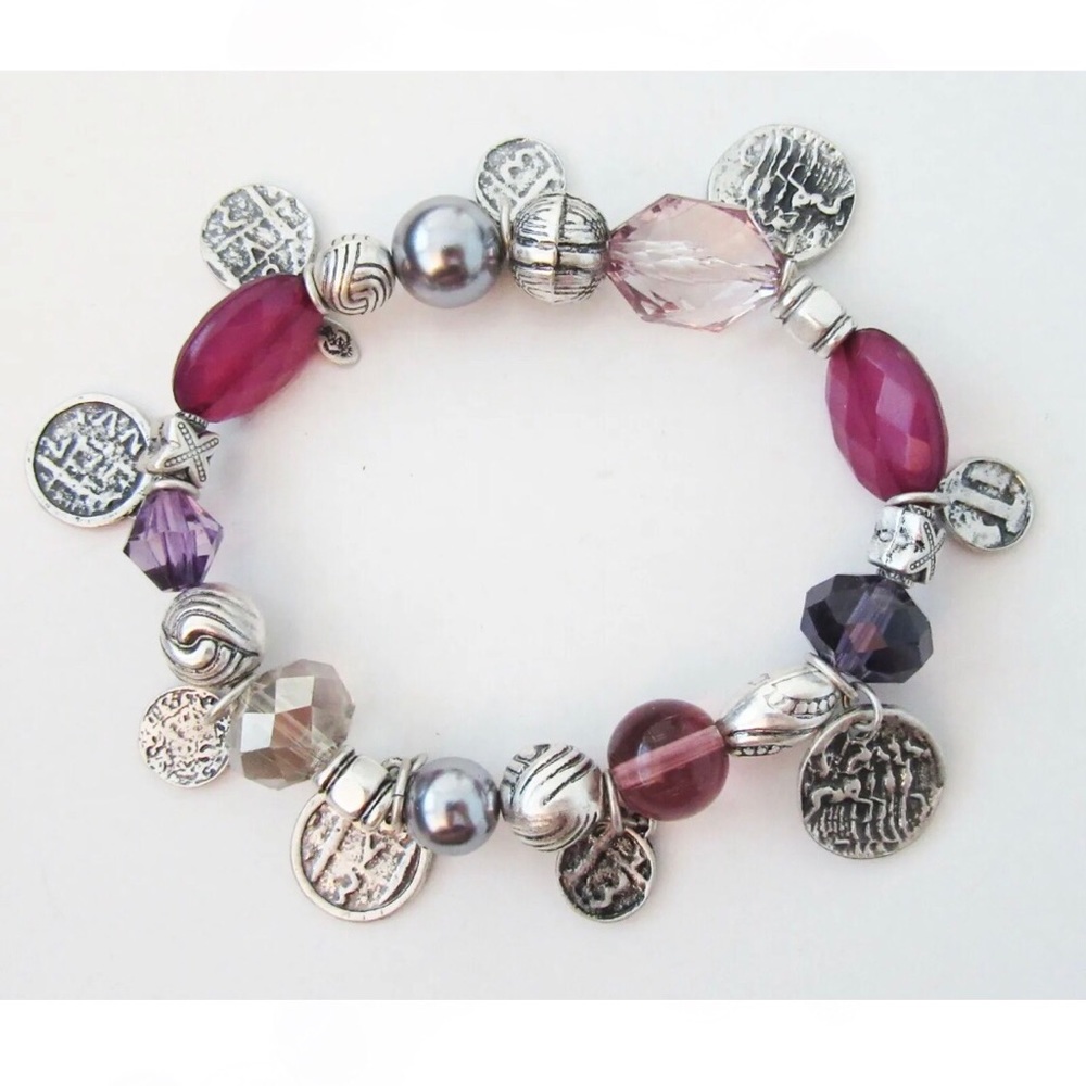 New Premier Designs Passionista Bracelet, stretch purple & silver charms & beads